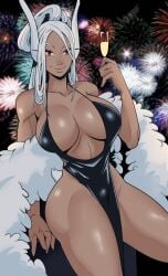 1girls absurdres aerial_fireworks alternate_costume alternate_hairstyle animal_ears ass backless_dress backless_outfit bare_shoulders big_breasts bighead333 black_dress boku_no_hero_academia breasts brown_skin brown_skinned_female brunette champagne_flute chinese_zodiac cleavage cocktail_dress collarbone commentary cup dark-skinned_female dark_skin dress drinking_glass evening_gown female fireworks fit_female formal_clothes fur_shawl happy_new_year high_heels highres huge_ass huge_breasts large_breasts latex_clothing latex_suit long_eyelashes long_hair looking_at_viewer mature_female mirko miruko muscular muscular_female my_hero_academia night outdoors pelvic_curtain platform_heels plunging_neckline rabbit_ears rabbit_girl red_eyes revealing_clothes rumi_usagiyama shawl shiny_body shiny_clothes sky smile smug_face solo standing superhero_costume thick_ass thick_legs thighs toes toned walking white_hair year_of_the_rabbit