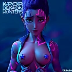 3d ai_generated asian asian_female big_nails blue_pasties boobs_out breasts breasts_out brown_eyes collarbone demon_girl disheveled_hair earrings eyebrows grok grok_imagine korean korean_female kpop_demon_hunters kpop_girl light-skinned_female light_skin long_hair long_hair_female marks_on_body movie multicolored_eyes netflix night pasties pierced_ears purple_eyebrows purple_hair rumi_(kpop_demon_hunters) singer sony_pictures_animation star_pasties thin_eyebrows tits_out yallahs80