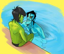ass butt_crack confused_expression deviantart flirty gay gorillaz half_naked horny_smile kurt_uti male/male murdoc_niccals nipple_piercing nipples original_character suggestive super_gay thenugeart thong_only yaoi