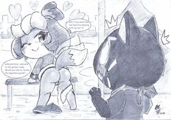 animal_crossing anthro anus ass bottomless clothed clothing english_text female fullfolka greyscale heart isabelle_(animal_crossing) male mammal monochrome nintendo one_eye_closed presenting presenting_hindquarters pussy text video_games wink