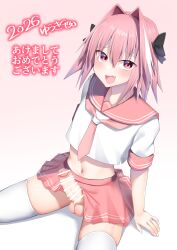 1boy 2026 astolfo_(fate) astolfo_(sailor_paladin)_(fate) bar_censor black_bow blush bow bulge censored commentary_request crop_top crossdressing crossdressing_(mtf) erection fate/grand_order fate_(series) gradient_background hair_between_eyes hair_intakes hairbow highres kitajima_yuuki light-skinned_male long_hair looking_at_viewer male male_focus male_only midriff multicolored_hair navel neckerchief oerba_yun_fang official_alternate_costume open_mouth panties partial_commentary penis pink_background pink_hair pink_neckerchief pink_sailor_collar pink_skirt sailor_collar school_uniform shirt skin_fang skirt solo streaked_hair testicles thighhighs trap underwear white_hair white_panties white_shirt white_thighhighs