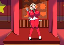 big_breasts charlie_morningstar_(hazbin_hotel) dlobo777 gigantic_breasts hazbin_hotel huge_breasts large_breasts robot robot_girl robot_humanoid robotization smile thick_thighs transformation waving