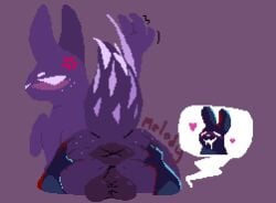ambiguous_gender annoyed anthro ass backsack balls big_butt blue_body blush bodily_fluids cross-popping_vein digital_media_(artwork) drooling duo freckled_butt freckled_face freckles genitals hand_on_butt heart_symbol inv_(rain_world) male melodicfractals pixel_(artwork) purple_body rain_world raised_tail saliva slugcat spearmaster_(rain_world) stretched_anus tail videocult