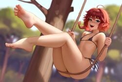 1girls barefoot bikini breasts character_request feet female female_only flat_chest kairuhentai kairunoburogu light-skinned_female light_skin orange_hair pointy_ears soles solo toes