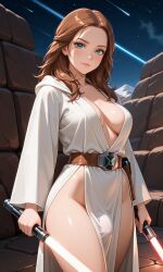 ai ai_generated big_breasts brunette_hair bulge_through_clothing disney jedi lightsaber original_character red_lightsaber star_wars white_robe