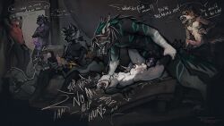 anthro aroused bed blood bodily_fluids broken_bed canid canine canis cleaning_cock danya_(danym) dialogue distortist forced fox furniture gangbang genital_fluids genitals group group_sex hi_res jace_(disambiguation) kurothepanther licking male male/male mammal myji oral pain penile penis penis_lick rape screaming sex size_difference tongue torn valkxis wolf zidanewolf zidanewolf1