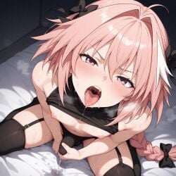 1boy ai_generated ambiguous_gender asnoble astolfo_(fate) bed bedroom black_ribbon blush crossdressing drooling erection erection_under_clothes fate/apocrypha fate/grand_order fate_(series) femboy from_above_view garter_straps half_closed_eyes hot_breath light-skinned_male looking_at_viewer male male_only masturbation nipples otoko_no_ko penis penis_in_panties penis_under_clothes pink_hair precum precum_through_clothing saliva_drip saliva_trail shirt_lift solo thighhighs tongue_out touching_own_penis touching_self trap uvula