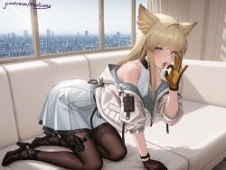 1girls ai_generated arknights arknights:_endfield bangs bare_shoulders black_legwear black_pantyhose blonde_hair blue_eyes blush dress eyebrows gloves hair_intakes jacket medium_breasts off_shoulder patreon patreon_username perlica_(arknights) white_dress wings_on_head xzollosez