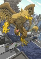 abs aircraft airplane anthro avian balls beak biceps biped bridge brown_body brown_fur building building_destruction carpo city city_background city_destruction cityscape claws destruction einom erection feathered_wings feathers feet finger_claws fingers fur genitals gryphon hi_res house humanoid_genitalia humanoid_penis jet landscape_dwarfing macro macro_anthro macro_male male muscular muscular_anthro muscular_male mythological_avian mythological_creature mythology nude open_mouth outside pecs penile penis rampage sky solo tail toe_claws toes tongue vehicle vehicle_destruction vein veiny_penis water wings