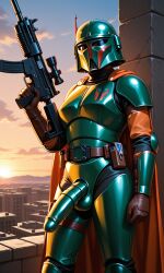 1futanari ai ai_generated disney genderswap_(mtf) gun mandalorian_armor red_cape standing star_wars sunlight