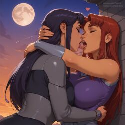 2girls ai_generated arms_around_neck blackfire dc dc_comics french_kiss incest kissing lesbian_kiss pasart siblings sisters starfire yuri
