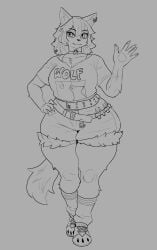 2d anthro anthro_female anthro_only belt big_thighs canid canine canis choker clawed_fingers clothed clothed_female clothing curvaceous curvy curvy_female curvy_figure denim_shorts ear_piercing english_text epic_games eyebrows_visible_through_hair facing_viewer female female_anthro female_only fortnite fortnite:_battle_royale front_view fur furry furry_female furry_only grey_background hand_on_hip laplan_(artist) legs_together long_hair neckwear pawpads pierced_ears piercing simple_background sketch solid_color_background solo solo_anthro solo_female standing tail text thick_thighs thighs_together voluptuous voluptuous_female wide_hips wolf wolf_ears wolf_tail wolfie_(fortnite)