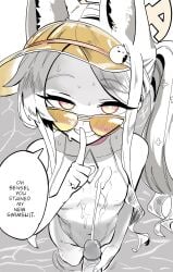 1boy animal_ears blue_archive blush breasts commentary cum cum_on_body cum_on_breasts ejaculation english_commentary english_text extra_ears female finger_to_mouth fox_ears gradient_eyes greyscale grin halo handjob highres kunitoro_(artist) long_hair looking_at_viewer looking_up monochrome multicolored_eyes one-piece_swimsuit penis pov seia_(blue_archive) seia_(swimsuit)_(blue_archive) shushing side_ponytail sidelocks small_breasts smile solo_focus spot_color sunglasses swimsuit very_long_hair visor_cap wading wet