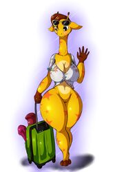 2018 anthro anthro_only bottomless breasts cleavage clothed clothing digital_media_(artwork) dildo eyewear female geoffrey_the_giraffe giraffe hair hi_res mammal pussy rule_63 sex_toy solo suirano suitcase sunglasses thick_thighs toys_r_us wide_hips