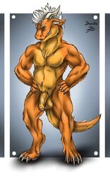 2018 anthro balls claws digital_media_(artwork) dragon drerika flaccid fur furred_dragon hair horn kefyor looking_at_viewer male nude orange_fur penis simple_background smile smirk solo toe_claws uncut yellow_fur