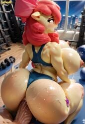 1boy 1girls 3d_(artwork) ai_generated anthro anthro_female anthro_penetrated apple_bloom_(mlp) ass big_ass big_breasts breasts chubby chubby_female curvaceous curvy curvy_female curvy_figure friendship_is_magic hetero_sex human_on_anthro lucasai massive_ass massive_breasts my_little_pony nipples on_all_fours penetration pink_nipples sex sex_from_behind sportswear sweat sweating thick_thighs wide_hips