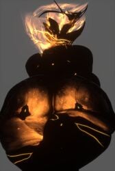 1girl 1girls ass ass_focus back_view big_ass crown ember_(warframe) ember_heirloom_(warframe) fat_ass female female_focus female_only fire fire_hair glowing glowing_body grey_background huge_ass in_shadow palmtreerothic shadow thick_thighs warframe warframe_(species)