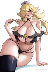 1girls big_breasts black_lips black_lipstick black_nail_polish black_nails black_thighhighs blonde_hair blue_eyes bottomwear breasts cleavage clothing crossed_legs crown ear_piercing earrings female female_only hair hair_over_one_eye headwear hips holding_object holding_wand huge_breasts legs_crossed legwear lips lipstick long_hair mario_(series) nail_polish nails neckwear nintendo noxcuro parted_lips princess_rosalina solo solo_female star_earrings thick_thighs thighhighs thighs topwear wand