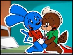 2boys ahegao anthro anthro_on_anthro bed billy_beaver blue_fur blushing circle_head cumming dick_rubbing embarrassed frottage frotting furry furry_only gay green_eyes hoodie humanoid_genitalia humanoid_penis hybrid indie_animation male_only muffinlewds non-human non-human_only orgasm orgasm_face pants_off partially_clothed riggy_the_runkey toon_turf toony yaoi