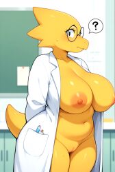 ai_generated alphys areola areolae breasts breasts_out deltarune female female_focus female_only glasses huge_breasts lab_coat nipples pussy question_mark solo solo_female solo_focus thighs undertale undertale_(series)
