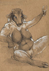 alcohol anthro beverage big_breasts breasts cadmiumtea caprine drinking female hooves mammal monochrome navel nipple_piercing nipples nude piercing pussy sheep slightly_chubby solo wine wool