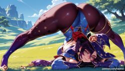 ai_generated arm_rest ass balecxi blue_headwear earrings female genshin_impact gloves green_eyes jack-o'_challenge large_breasts leotard long_hair looking_at_viewer mona_(genshin_impact) outdoors pantyhose patreon_username smile solo spread_legs thighs top-down_bottom-up twintails witch_hat