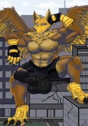 abs anthro avian balls balls_outline beak biceps biped boxer_briefs brown_body brown_eyes brown_fur building building_destruction bulge carpo city city_background cityscape claws clothed clothing destruction detailed_bulge erection erection_under_briefs erection_under_clothing feathered_wings feathers feet finger_claws fingerless_gloves fingers fur genital_outline genitals gloves gryphon handwear hi_res house looking_at_viewer macro macro_anthro macro_male male muscular muscular_anthro muscular_male mythological_avian mythological_creature mythology outside pecs penile penis penis_outline sandmaster sitting sitting_on_building sky smile solo tail toe_claws toes underwear wings