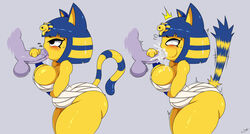 1boy 1girls 2018 animal_crossing ankha anthro ass breasts cat_tail cheek_bulge cleavage cum cum_in_mouth cum_inside disembodied_penis egyptian feline fellatio female female_focus furry grey_background hair huge_penis interspecies large_ass male mammal mehdrawings nintendo onomatopoeia oral oral_penetration penetration penis sex short_hair shortstack simple_background solo_focus straight tail text thick_thighs video_games watermark wide_hips wraps