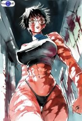 1girls abs ai_generated big_breasts blood blood_on_face burn_scar crop_top female glasses green_hair jujutsu_kaisen muscular muscular_female priestofart shiny short_hair simple_background solo solo_female thick_thighs thong walking watercolor watercolor_(artwork) watermark wide_hips zenin_maki