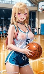 1girls ai_generated athletic athletic_female basketball basketball_court blonde_female blonde_hair braid breasts casual casual_nudity crowd encoder exhibitionism female indoors kitagawa_marin large_breasts looking_at_viewer nipples public see-through see-through_clothing shorts smile sono_bisque_doll_wa_koi_wo_suru sportswear transparent_clothing wet wet_clothes wet_shirt