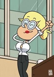 1girls 236kbs accurate_art_style aged_up arms_up blonde_female blonde_hair breasts clothing female female_focus female_only glasses hair_bun indoors kowaworks02 leni_loud light-skinned_female light_skin lipstick nickelodeon nicktoons short_hair solo solo_female solo_focus stretching the_loud_house tied_hair