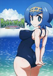 1girls alternate_breast_size arms_behind_back ass back bare_shoulders big_breasts blue_background blue_eyes blue_hair blush breasts clothed clothes clouds curvy day eisen1111 female female_only hairband human lana_(pokemon) looking_at_viewer looking_back mob_face nintendo ocean one-piece_swimsuit outdoors pokemon pokemon_sm regls scan short_hair sideboob sky smile solo standing swimsuit thin_waist water wide_hips