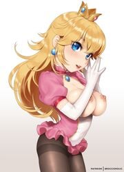 1girls areolae blonde_hair blue_eyes breasts clothing crown female female_only fingers_together gradient_background grey_background long_hair looking_at_viewer mario_(series) meimone nintendo nipples pantyhose princess_peach simple_background solo standing thighband_pantyhose