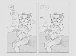anthro averysweatyboy becoming_erect bed bovid caprine clothed clothing comic crossdressing darkner deltarune erection eyewear femboy foreskin fur furniture genitals glasses goat hair horn male mammal monochrome mostly_nude on_bed panties penis question ralsei short_tail sitting sitting_on_bed solo stuttering tail undertale_(series) underwear