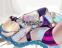 2girls black_gloves blonde_hair blue_hair blue_hairband commentary fingering gloves hairband hand_under_clothes hand_under_shorts highres jinx_(league_of_legends) k1mkimi kissing league_of_legends long_hair lux_(league_of_legends) medium_hair multiple_girls purple_shorts shorts spanish_commentary tattoo yuri