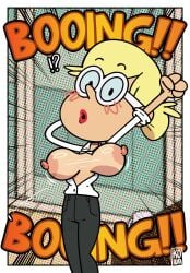 1girls 236kbs accurate_art_style aged_up areolae arms_up blonde_female blonde_hair blush breasts breasts_out clothing female female_focus female_only glasses hair_bun indoors kowaworks02 leni_loud light-skinned_female light_skin lipstick looking_at_viewer nickelodeon nicktoons nipples onomatopoeia short_hair solo solo_female solo_focus stretching the_loud_house tied_hair