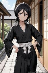 1boy ai_generated black_hair black_kimono bleach blue_eyes blue_sky closed_mouth collarbone cowboy_shot day east_asian_architecture femboy frown genderswap_(ftm) hair_between_eyes hands_on_hips japanese_clothes kimono kuchiki_rukia light-skinned_male long_sleeves looking_at_viewer male male_only male_rukia outdoors penis rule_63 short_hair sky solo standing tagme tehmar trans_woman transfem trap wide_sleeves