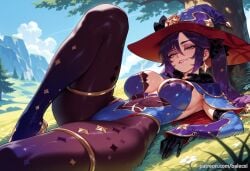 ai_generated artist_name balecxi black_gloves blue_leotard earrings female genshin_impact highleg highleg_leotard jewelry knee_up large_breasts long_hair looking_at_viewer lying mona_(genshin_impact) on_back outdoors pantyhose patreon_username smile solo thighlet thighs twintails web_address witch_hat