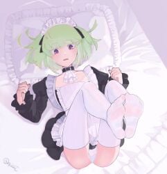 1boy androgynous blush bob_cut bulge bulge_through_clothing crossdressing embarrassed femboy femboy_only lio_fotia maid maid_headdress maid_outfit maid_uniform male on_bed panties petite petite_body petite_male pov promare short_hair slim slim_male slim_waist solo stockings thigh_highs twink