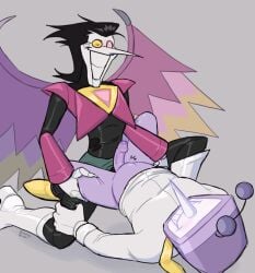 anal android blush bunnyyblush claws deltarune dominant gay half-dressed high_heels latex lifting_leg masculine robot robotic scratching screen_face size_difference spamtenna spamton_g_spamton spamton_neo tenna_(deltarune) toby_fox