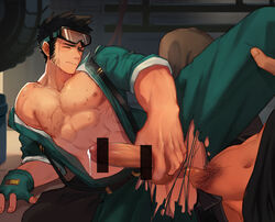 2boys anal anal_sex bar_censor bara belt black_hair blush censored closed_mouth f_jun fingerless_gloves gay gloves goggles goggles_on_head green_gloves groin highres indoors jumpsuit large_penis male_focus male_masturbation male_only masturbation mechanic multiple_boys muscle navel nipples off_shoulder one_eye_closed original pectorals penis pubic_hair sex sideburns solo_focus suspenders tire torn_clothes unzipped yaoi