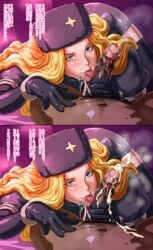 blonde_hair blue_eyes censored comic cum dark-skinned_male dark_skin dialogue ejaculation elbow_gloves erection fellatio female fur_hat fur_trim gloves handjob hat hentaix hi_res interracial japanese_text kolin latex latex_gloves licking_penis long_hair male_pubic_hair oral penis pubic_hair saliva solo_focus straight street_fighter street_fighter_v text tongue translated unseen_male_face ushanka