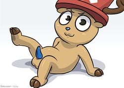 >:3 2_fingers 2_toes animal_genitalia animal_penis anthro balls big_eyes blue_nose blue_penis blush brown_fur cervine erection fur hand_on_floor hat looking_at_viewer lying male male_only mammal one_piece penis pokehidden raised_leg reindeer simple_background small_penis solo toes tony_tony_chopper toony white_background