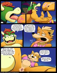 anal anthro anus balls black_nose bottomless bowser camera canine clothed clothing cloud collar comic crossover dialogue elfein english_text fox fox_mccloud fur gasp gay hair horn koopa looking_pleasured lying male male_only mammal mario_(series) muscular nintendo nude open_mouth oral outside recording red_hair rimming scalie sex skimpy slightly_chubby spiked_collar spikes star_fox super_mario_bros. tongue video_games voyeur yaoi