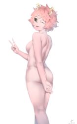 ;p arm_behind_back ass back black_sclera breasts cowboy_shot dated drawrepulser female from_behind hand_up high_resolution horns kneepits looking_at_viewer looking_back medium_breasts messy_hair mina_ashido my_hero_academia nude one_eye_closed pink_hair pink_skin short_hair shoulder_blades sideboob signature simple_background solo tongue tongue_out v walking white_background yellow_eyes