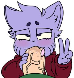 anthro cheek_tuft clothed clothing disembodied_penis ear_tuft eyebrows eyelashes fangs feline fellatio fully_clothed fur gesture hooded_jacket hoodie human katzun male mammal oral penis purple_eyes saliva sex tongue tongue_out tuft unknown_artist v vein veiny_penis