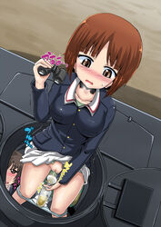 2girls blush brown_eyes brown_hair clothing female_only girls_und_panzer homare_(suzu_no_oka) multiple_girls panties panty_pull peeing peeing_in_cup pussy school_uniform skirt