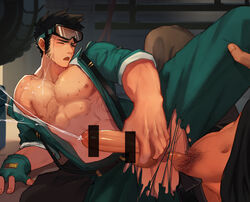 2boys anal bar_censor bara belt black_hair blue_eyes blush censored closed_mouth cum ejaculation f_jun fingerless_gloves gay gloves goggles goggles_on_head green_gloves groin highres indoors jumpsuit large_penis male_focus mechanic multiple_boys muscle navel nipples off_shoulder one_eye_closed open_mouth original pectorals penis sideburns torn_clothes