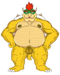 1boy artist_request big_balls bowser darkened_genitals detailed detailed_scales full_body gay koopa male male_only mario_(series) musclechub musclegut muscles nintendo nipples red_eyes red_hair reptile scales scalie simple_background slit solo standing tail testicles white_background