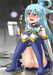 1girls alcohol aqua_(konosuba) ass blue_eyes blue_hair blush boots breath censored clothing drink drooling drunk homare_(suzu_no_oka) kono_subarashii_sekai_ni_shukufuku_wo! long_boots open_mouth peeing puddle pussy skirt solo squatting text urine